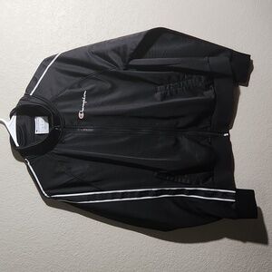 Champion Womens Jacket Size L Track Jacket Arm Stripes Script Logo Black White